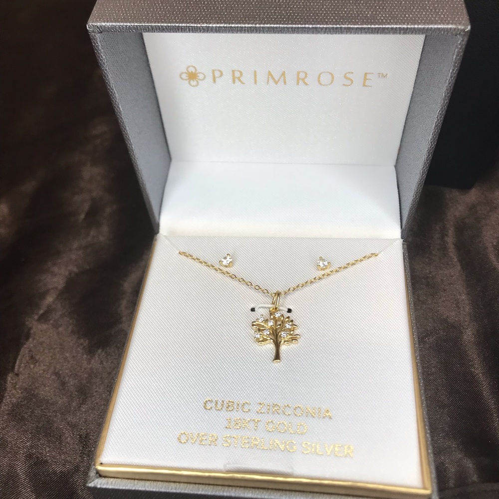PRIMROSE 18k Gold Over Silver Cubic Zirconia Tree Pendant Necklace & Earring Set